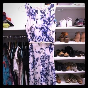 Blue and white long dress with gold belt